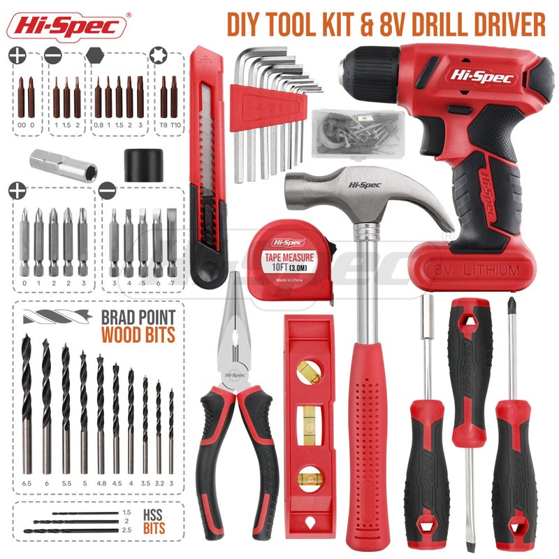 Hi-Spec 58pc Red 8V USB Electric Power Cordless Drill Driver and Home DIY Tool Kit Set. Screw Driver and Drill Bit Set Accessories, Pliers and Hammer In a Toolbox Case - Image 2